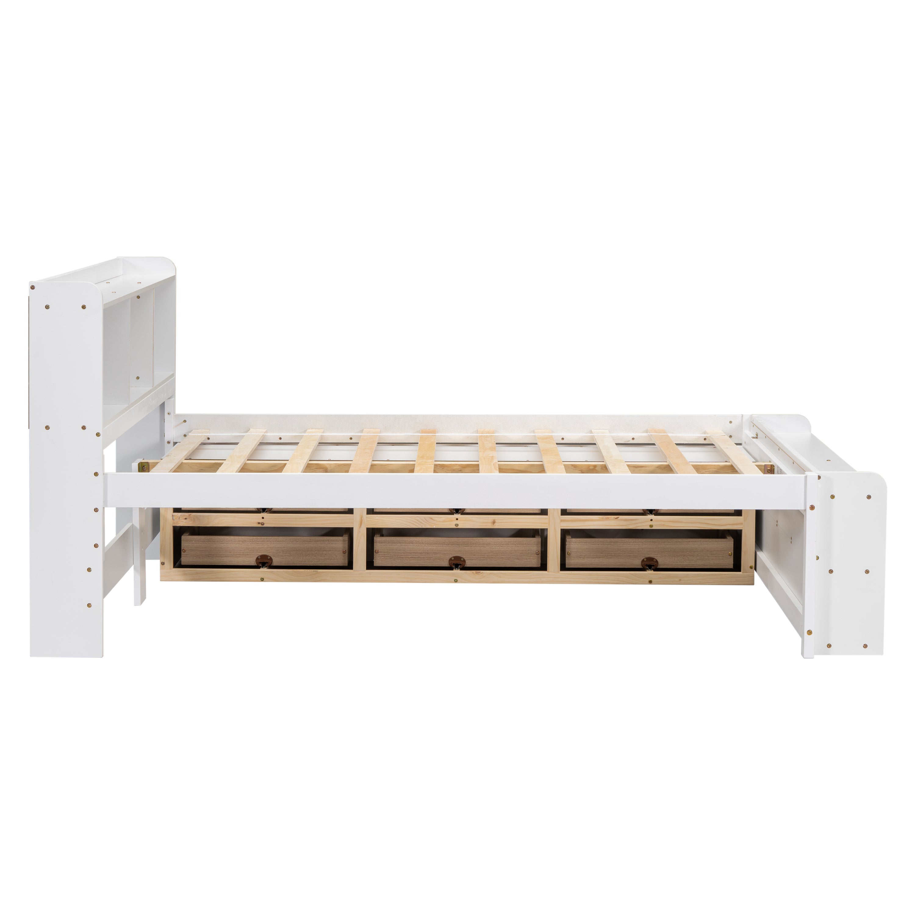 Full Bed with Bookcase Headboard, Under bed Storage Drawers and Bed End Storage Case,White