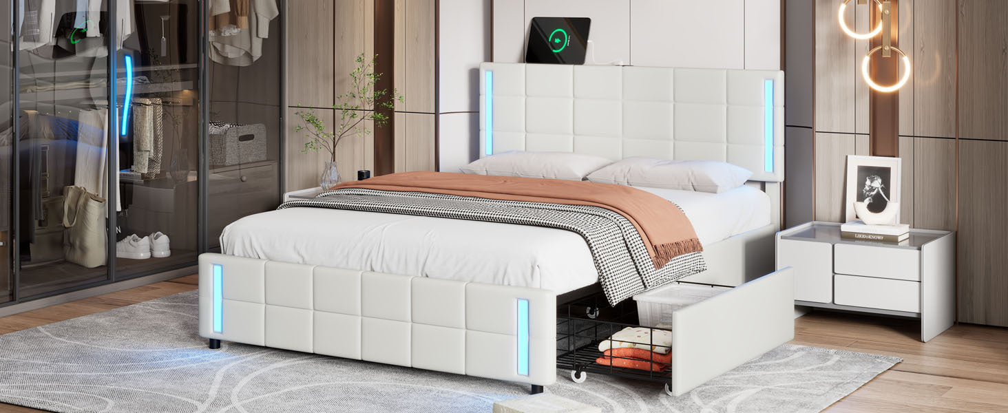 Queen Size Upholstered Platform Bed with LED Lights and USB Charging, Storage Bed with 4 Drawers, White - Atlantic Fine Furniture Melbourne FL