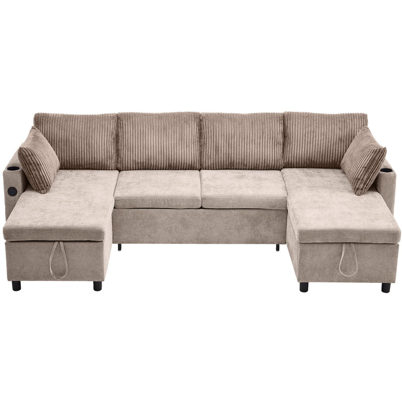 Sectional Sofa Bed With Pull Out Sleeper, USB Ports, Cup Holders