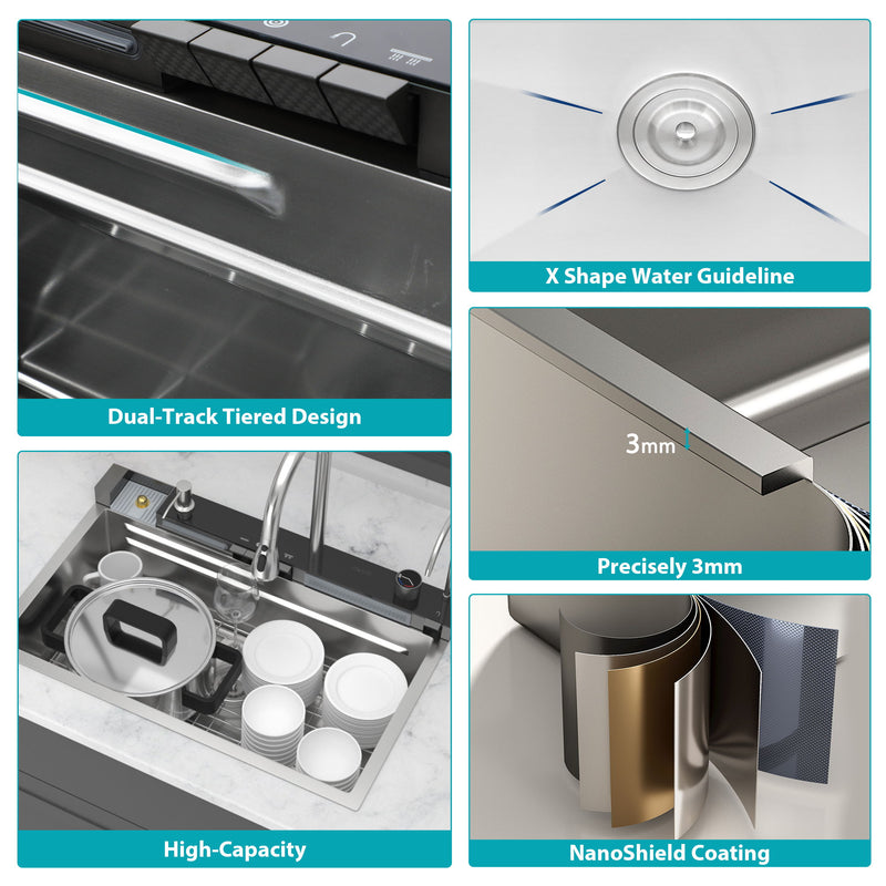 Kitchen Waterfall Sink Single Bowl With LED Faucet, Ledge Workstation, And Multi Function Pull Out Spray - Brushed Nickel