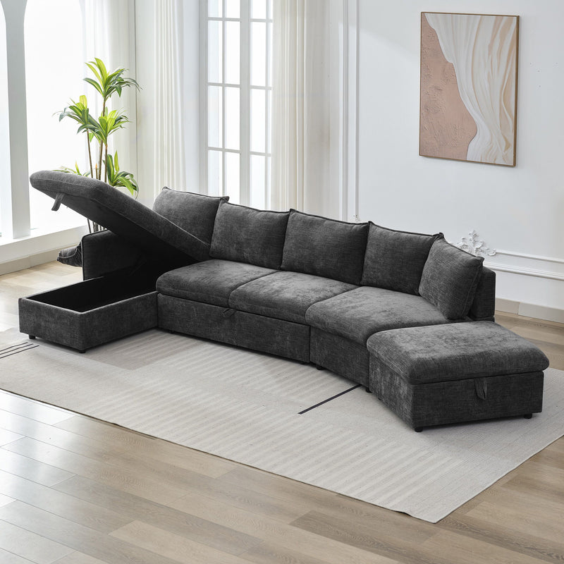 L-Shaped Sofa Sectional Sofa Couch Pull-Out Sofa Bed With A Movable Storage Ottoman, A Storage Chaise Lounge And Two USB Ports For Living Room