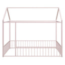 Full Size Metal Bed House Bed Frame with Fence, for Kids, Teens, Girls, Boys,Pink