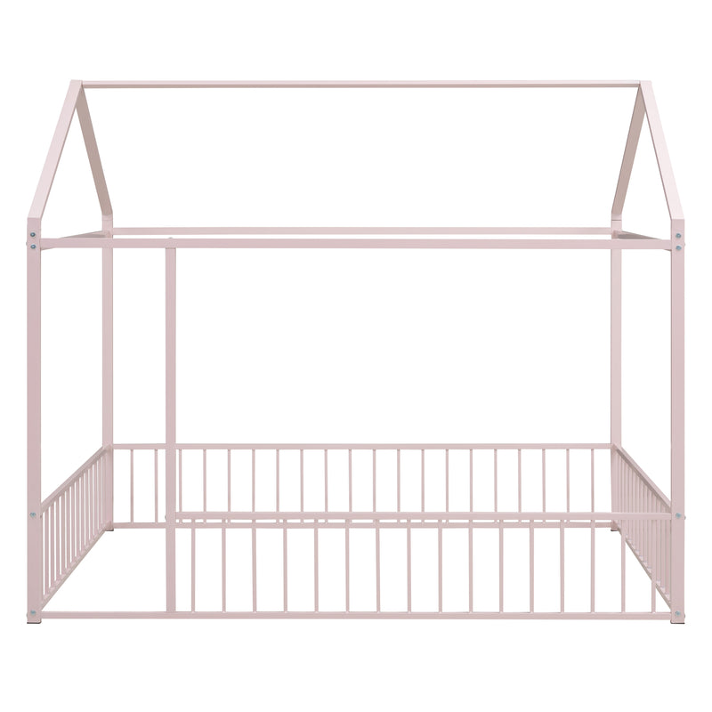 Full Size Metal Bed House Bed Frame with Fence, for Kids, Teens, Girls, Boys,Pink