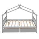 Full Size Wooden House Bed with Drawers, Gray