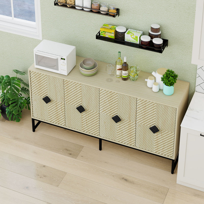 Carved 4 Door Sideboard With Storage, Adjustable Shelf