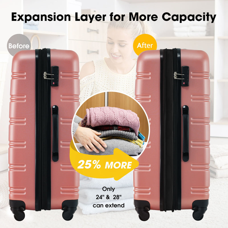 3 Piece Luggage Set Hardside Spinner Suitcase With Tsa Lock 20" 24' 28" Available - Rose Gold