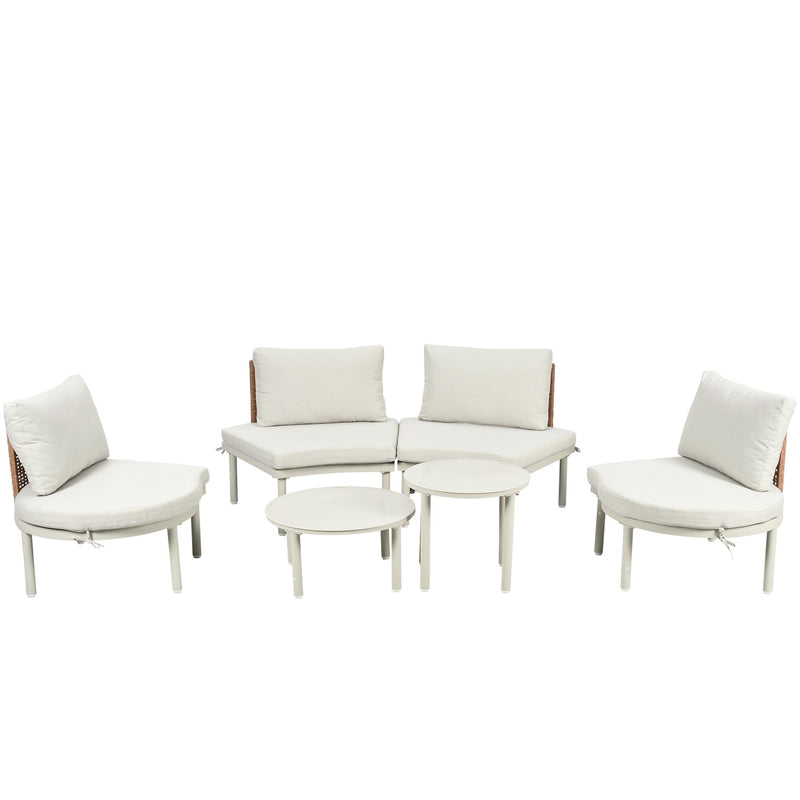 6 Piece Patio Set, Half Moon Outdoor Sectional Sofa With 2 High Low Coffee Tables, 4 Pillows & Cushions
