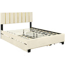 Upholstered Platform Bed With 2 Drawers And 1 Trundle, Classic Strip Headboard Design