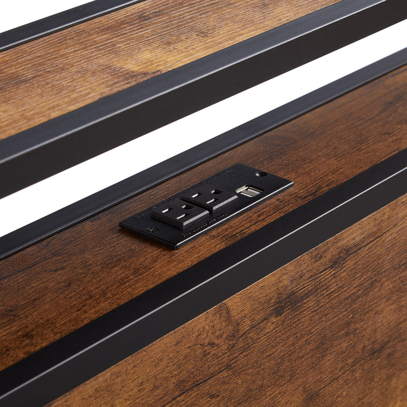 Modern Metal Platform Bed Frame With Wooden Headboard And Footboard, USB Charging Station, LED Lights, 2 Drawers