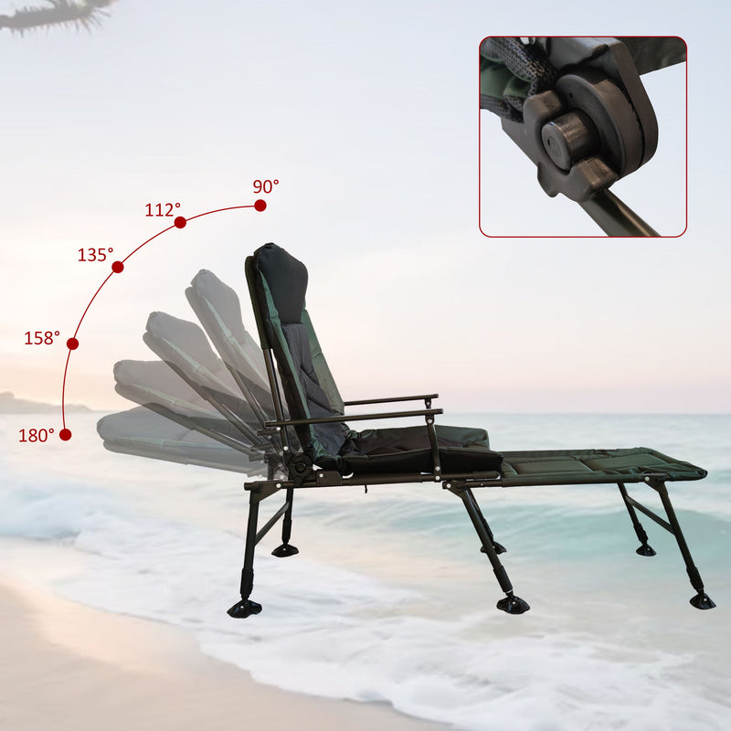 Camping Lounge Chair With Detachable Footrest, Portable Folding Reclining Camping Chair With Adjustable Backrest For Indoor And Outdoor Camping Beach Hiking Fishing - Green / Black