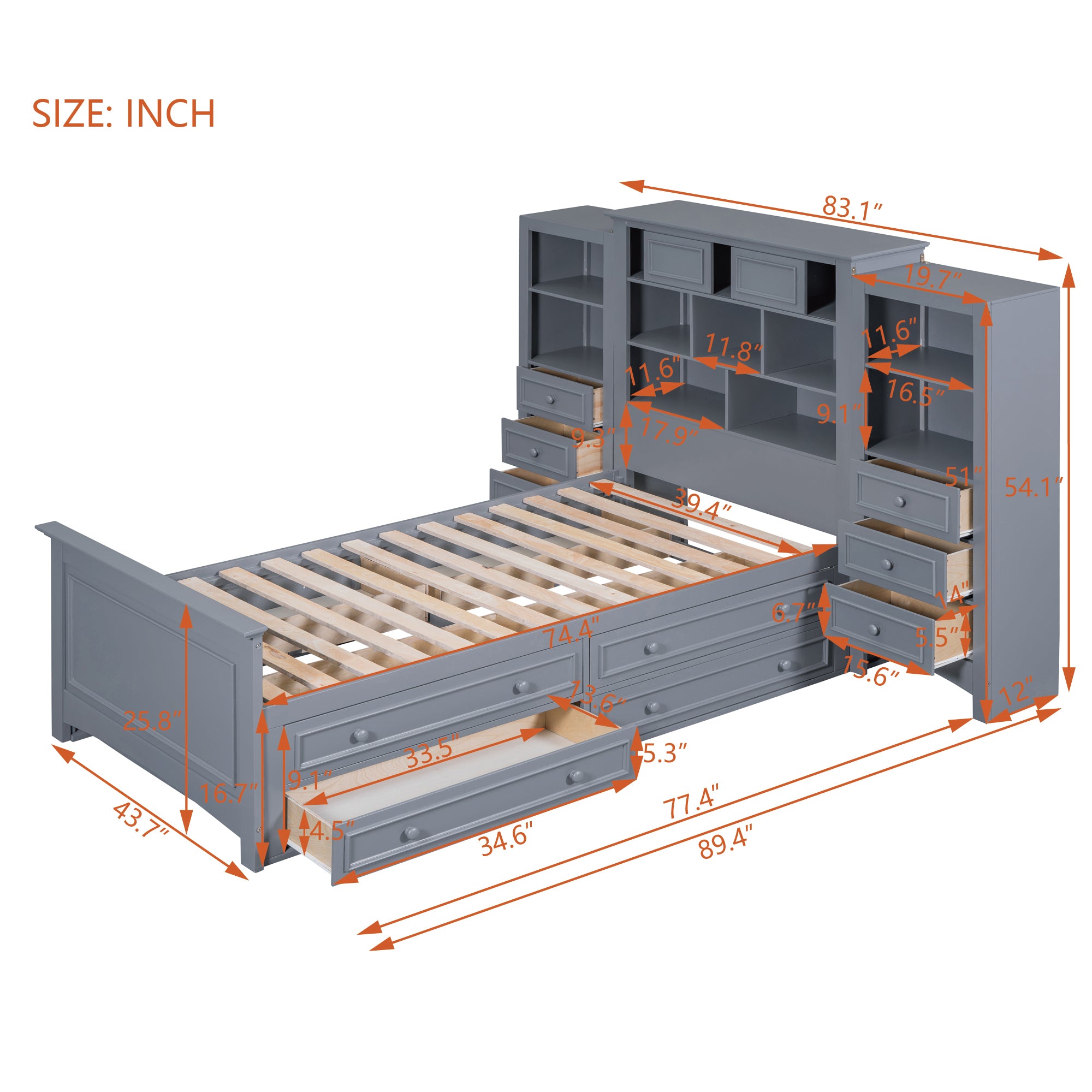 Twin Size Wood Platformbed with Vertical All-in-One Cabinet and 4 Drawers on each side, Gray - Atlantic Fine Furniture Melbourne FL