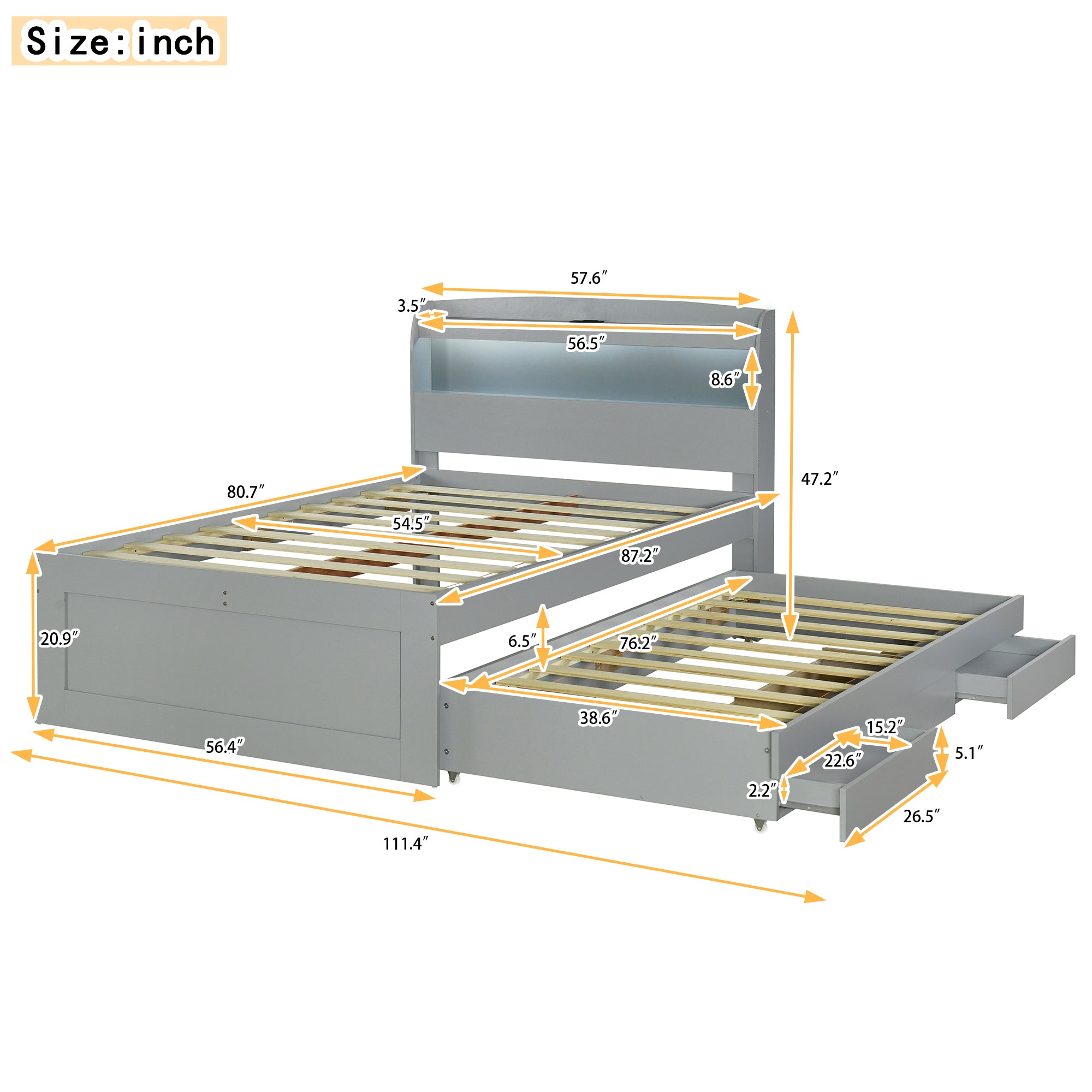 Full XL Size Platform Bed with Storage LED Headboard, Charging Station, Twin Size Trundle and 2 Drawers, Gray - Atlantic Fine Furniture Melbourne FL