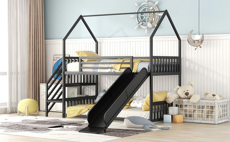 Twin Over Twin Metal Bunk Bed House Bed With Slide And Staircase