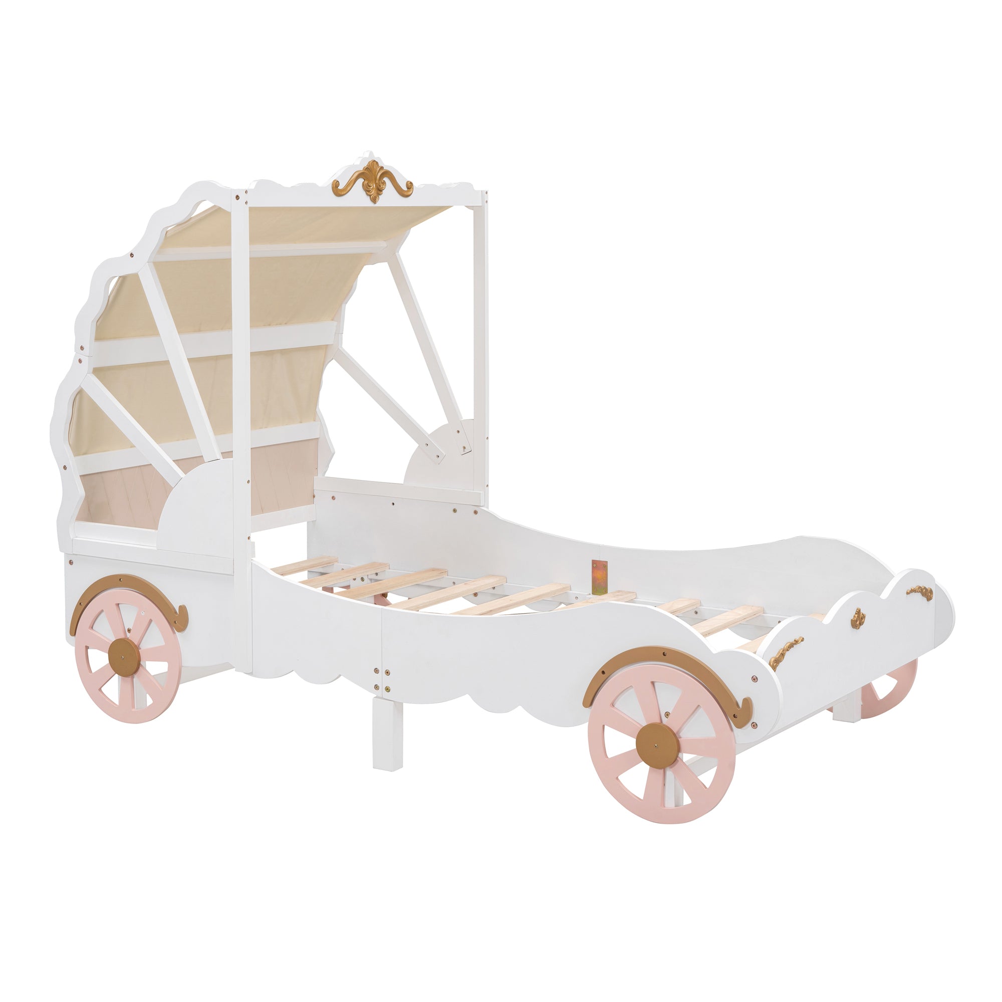 Twin Size Princess Carriage Bed with Canopy, Wood Platform Car Bed with 3D Carving Pattern, White+Pink+Gold - Atlantic Fine Furniture Melbourne FL