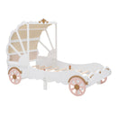 Twin Size Princess Carriage Bed with Canopy, Wood Platform Car Bed with 3D Carving Pattern, White+Pink+Gold