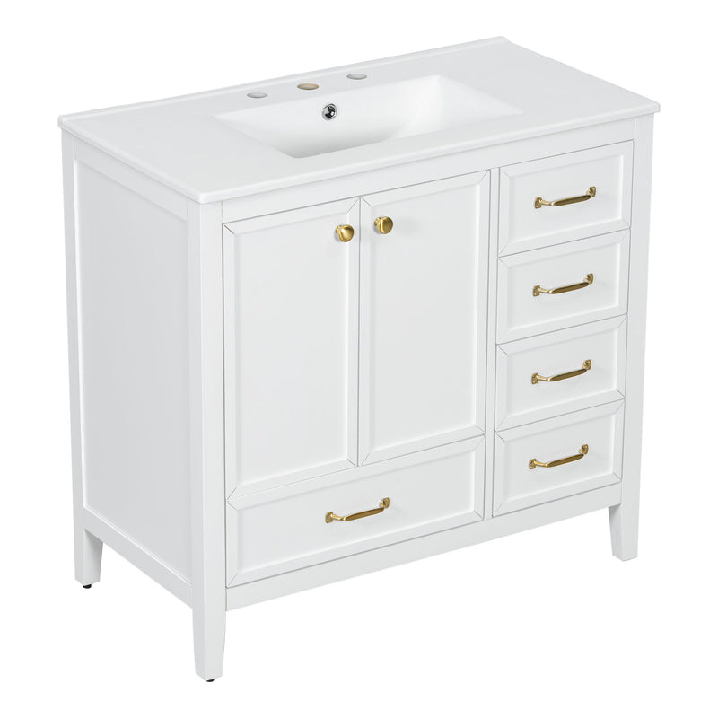 Elegant Vintage Bathroom Vanity With Sink And Soft Closing Door, 4 Drawers Of Different Sizes Frame