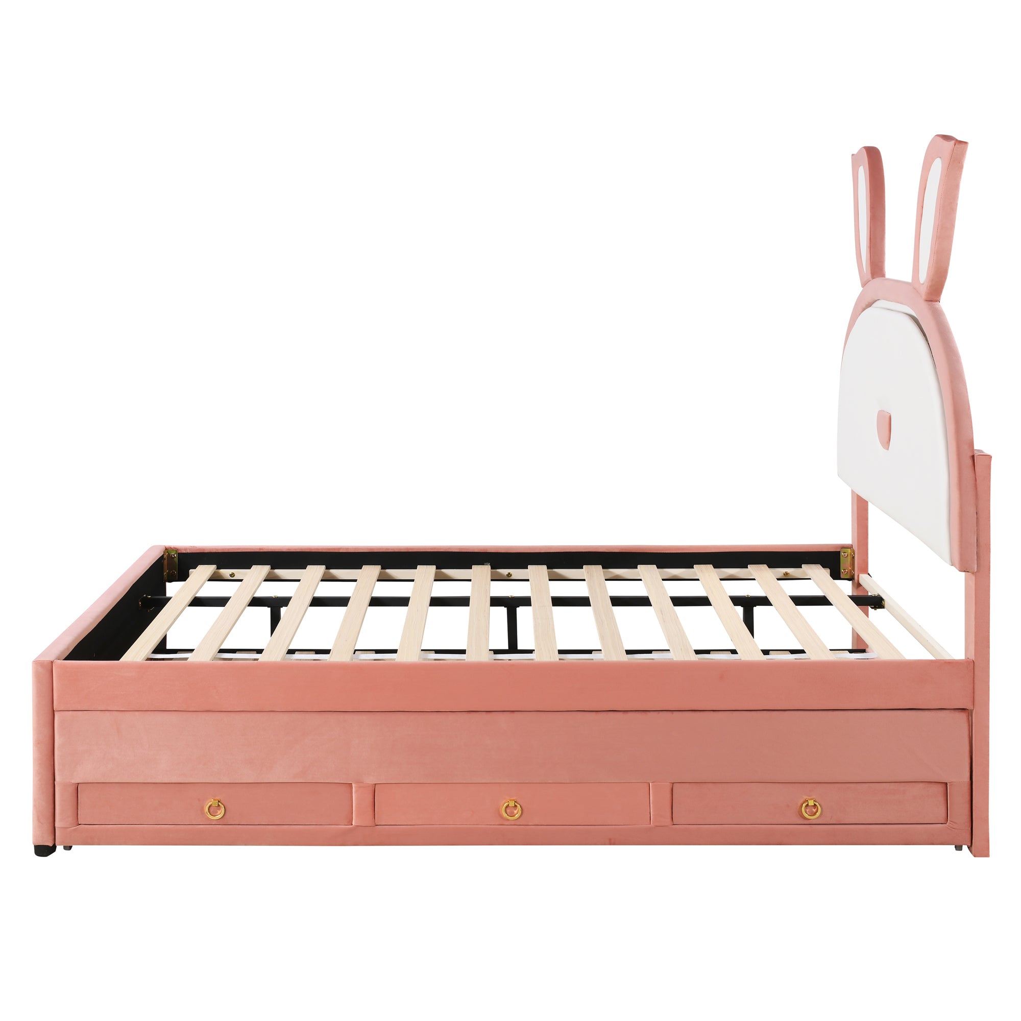Full Size Upholstered Platform Bed with Trundle and 3 Drawers, Rabbit-Shaped Headboard with Embedded LED Lights, Pink