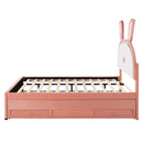 Full Size Upholstered Platform Bed with Trundle and 3 Drawers, Rabbit-Shaped Headboard with Embedded LED Lights, Pink