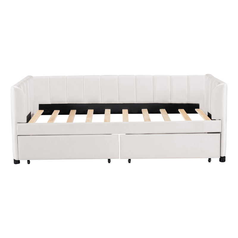 Twin Size Upholstered Daybed with Ergonomic Design Backrest and 2 Drawers, Beige