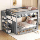 Wood Full Size Convertible Bunk Bed With Storage Staircase, Bedside Table, And 3 Drawers - Gray