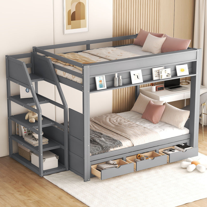 Wood Full Size Convertible Bunk Bed With Storage Staircase, Bedside Table, And 3 Drawers - Gray