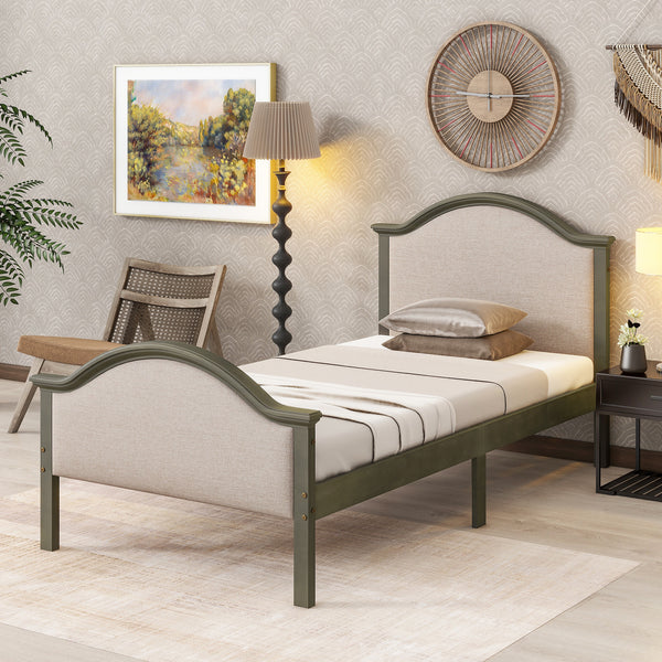 Twin Bed with Upholstered Headboard and Footboard, with Slats,Grey