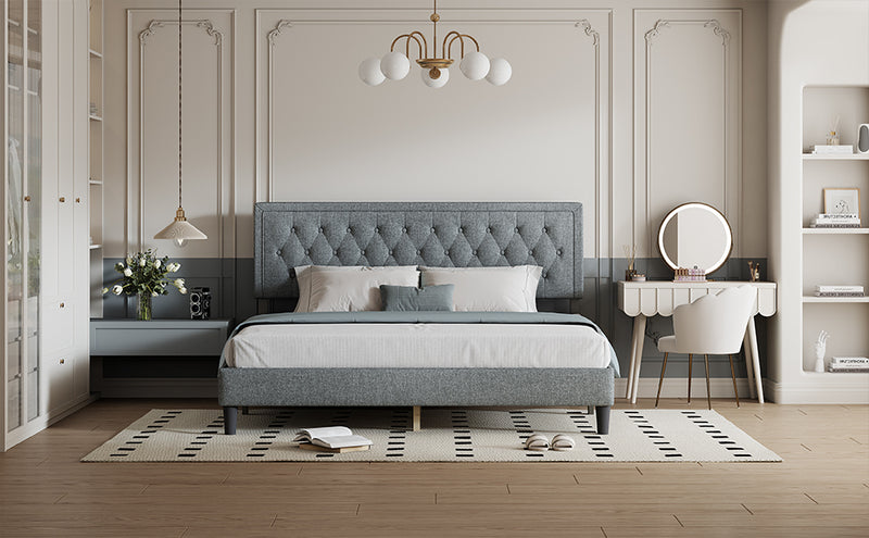 King size Panel Bed Frame with Adjustable Button-Tufted Headboard for Bedroom/Linen Upholstered/Wood Slat Support/Easy Assembly,Light Grey