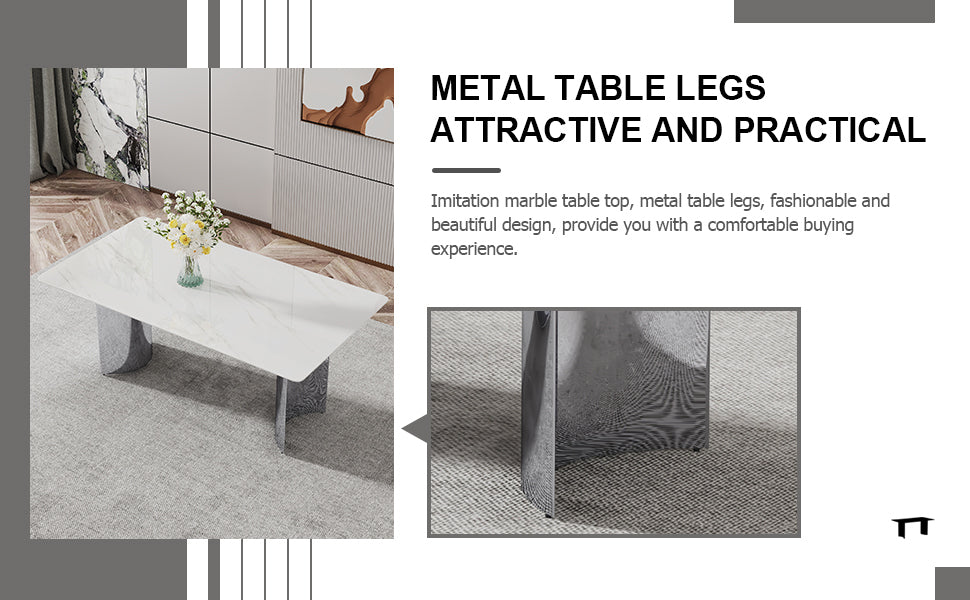 Modern minimalist dining table. The white imitation marble glass desktop is equipped with silver metal legs. Suitable for restaurants and living rooms  71" *39.3" *29.5"  DT-69
