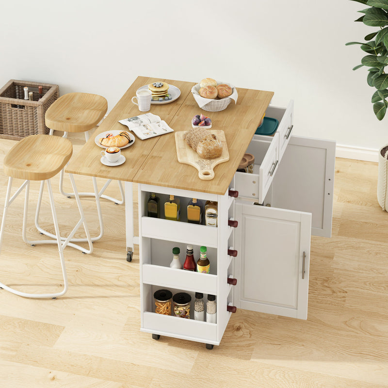 Kitchen Island Cart With 2 Door Cabinet, 2 Drawers, Spice Rack, Towel Holder, Wine Rack, And Foldable Top - White