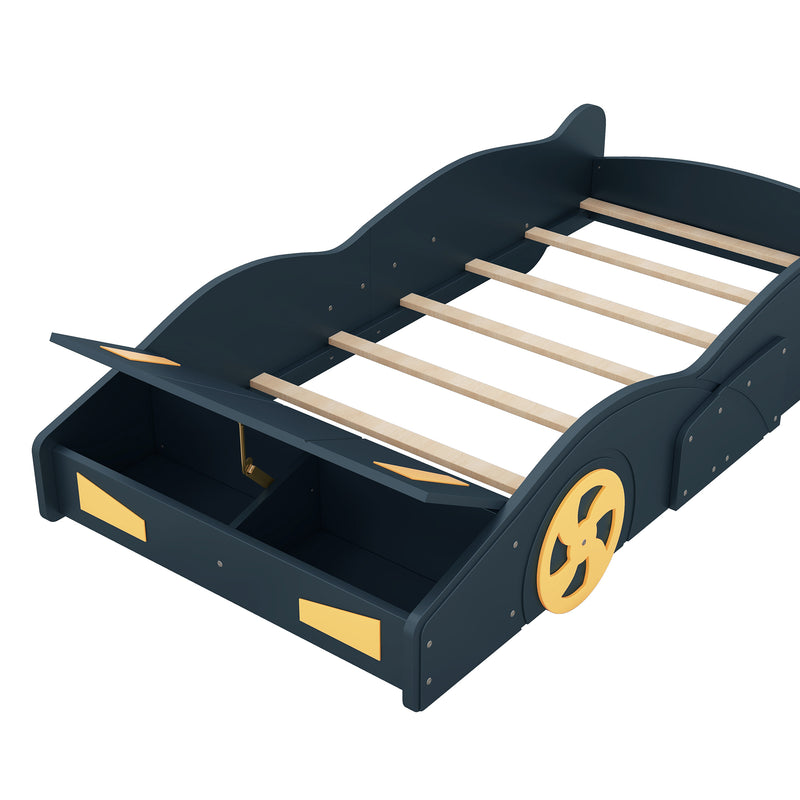 Twin Size Race Car-Shaped Platform Bed with Wheels and Storage, Dark Blue+Yellow