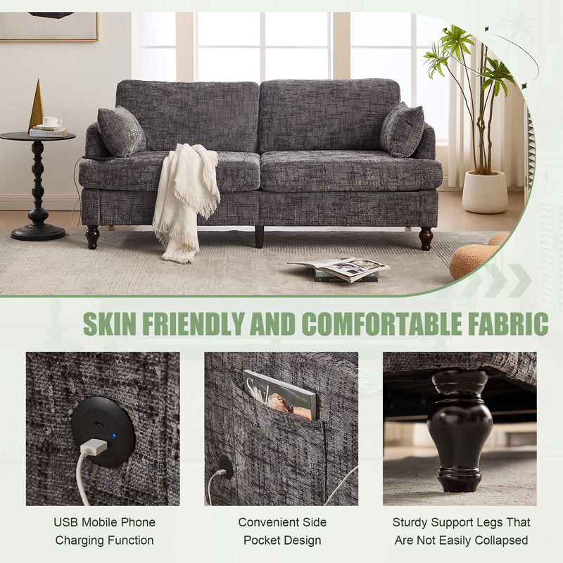 Chenille 2 Seater Sofa With LED Light, USB Charging Port, And Storage Bag