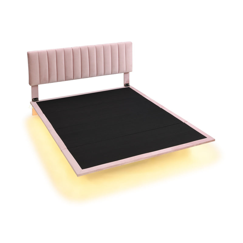 Upholstered Bed With Sensor Light And Headboard, Floating Velvet Platform Bed