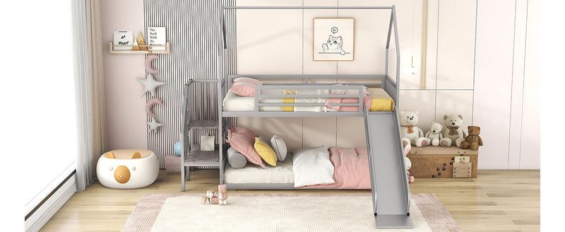 Twin Over Twin Metal Bunk Bed House Bed With Slide And Staircase