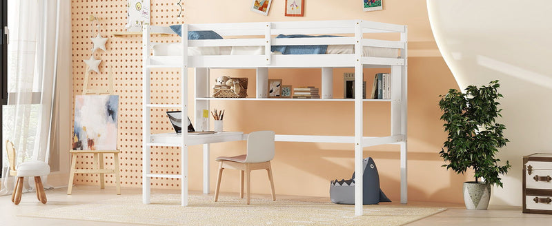 Loft Bed With Desk And Shelves, Safety Guardrail And Ladder