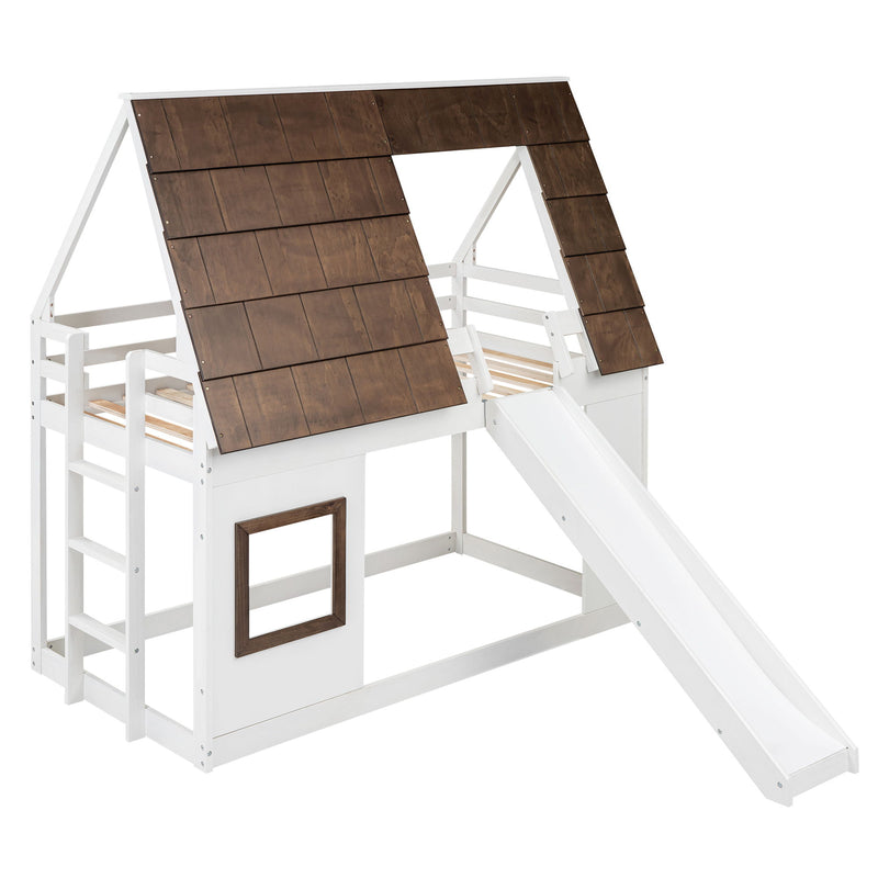 Wood Twin Size House Bunk Bed With Roof, Ladder And Slide - White / Brown