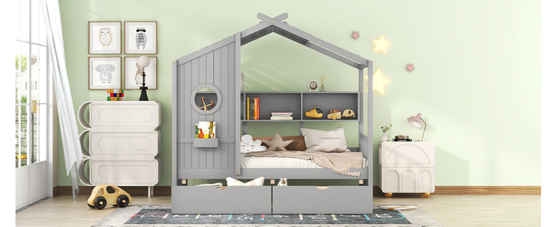 Wooden Twin Size House Bed with 2 Drawers,Kids Bed with Storage Shelf, Gray