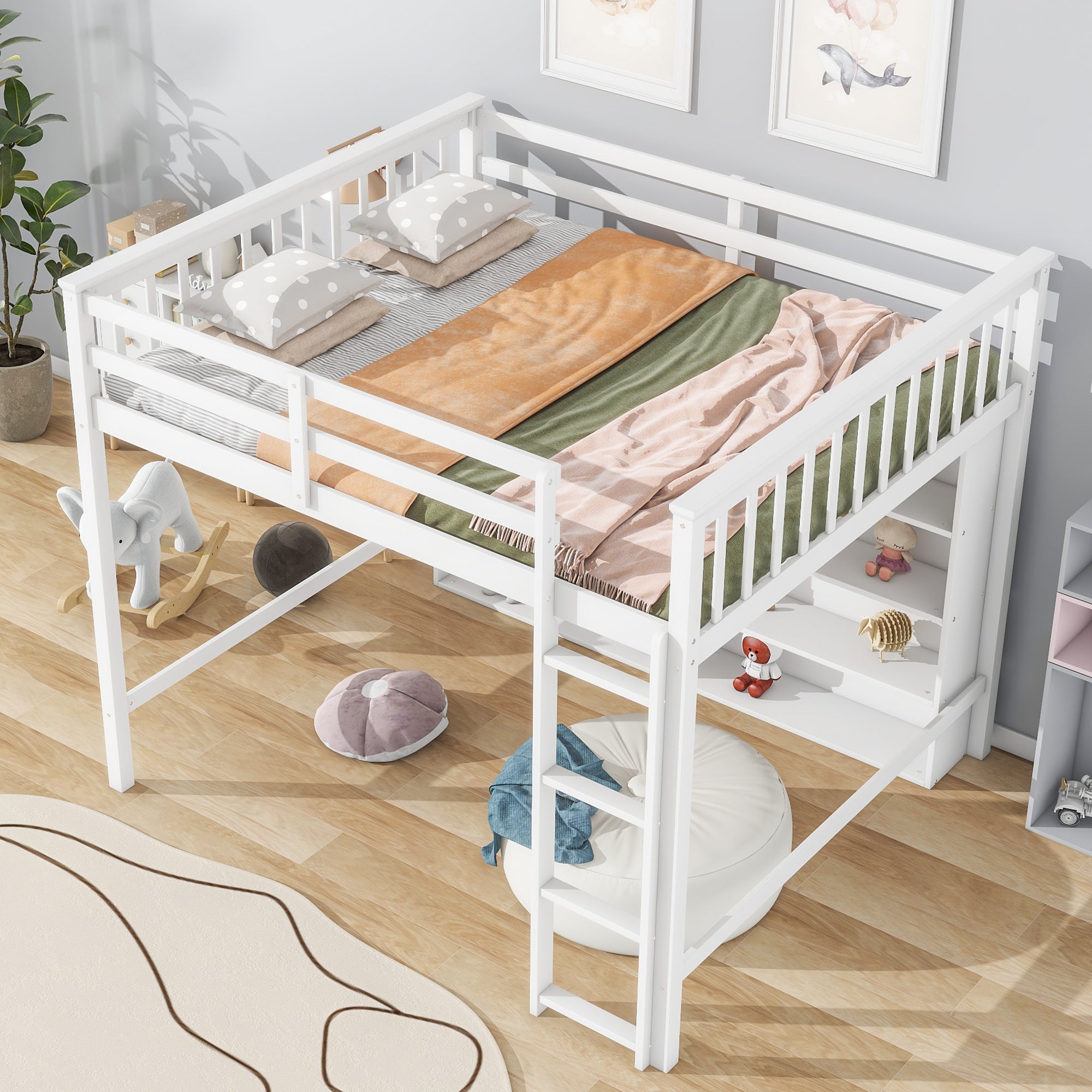 Full Size Loft Bed with 8 Open Storage Shelves and Built-in Ladder, White - Atlantic Fine Furniture Melbourne FL