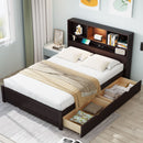 Platform Bed With Bookcase Headboard, Built-In Downlight, Charging Station, And 2 Side Drawers