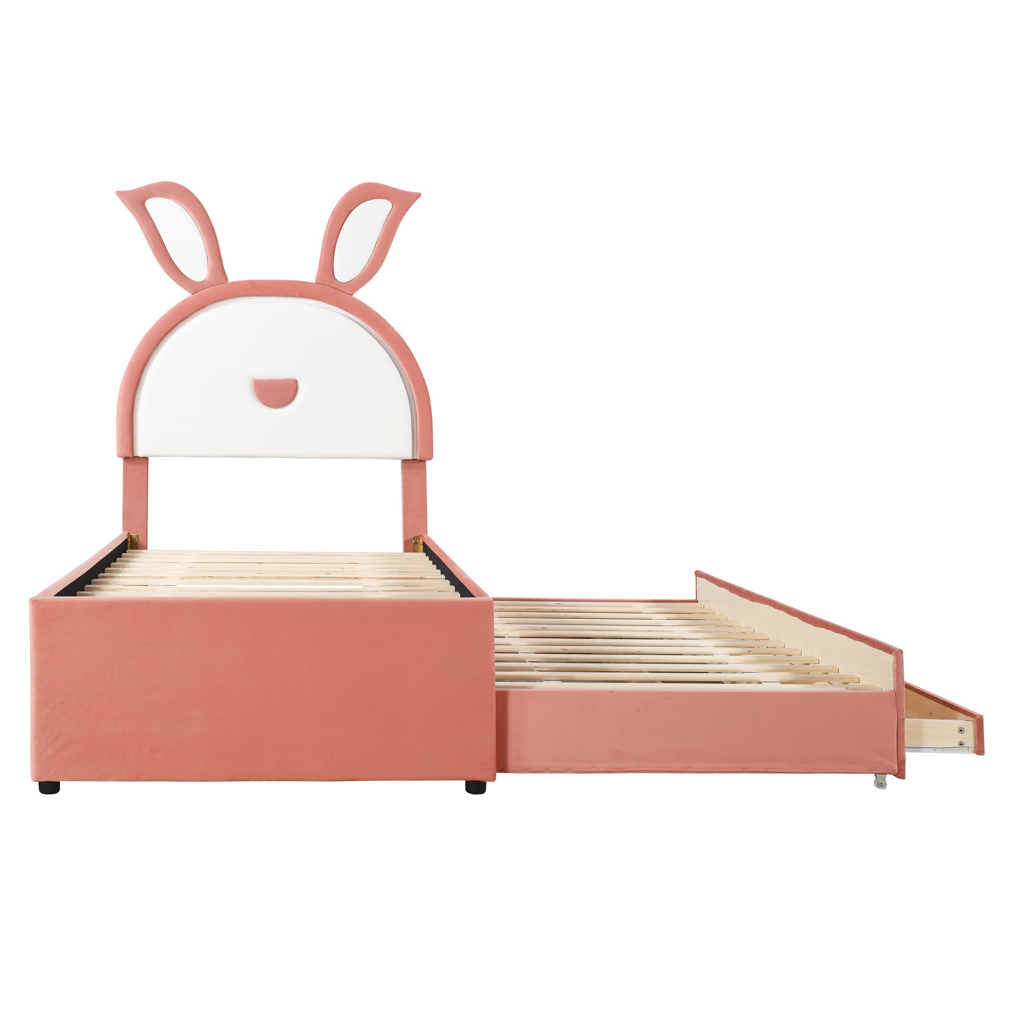 Twin Size Upholstered Platform Bed with Trundle and 3 Drawers, Rabbit-Shaped Headboard with Embedded LED Lights, Pink - Atlantic Fine Furniture Melbourne FL