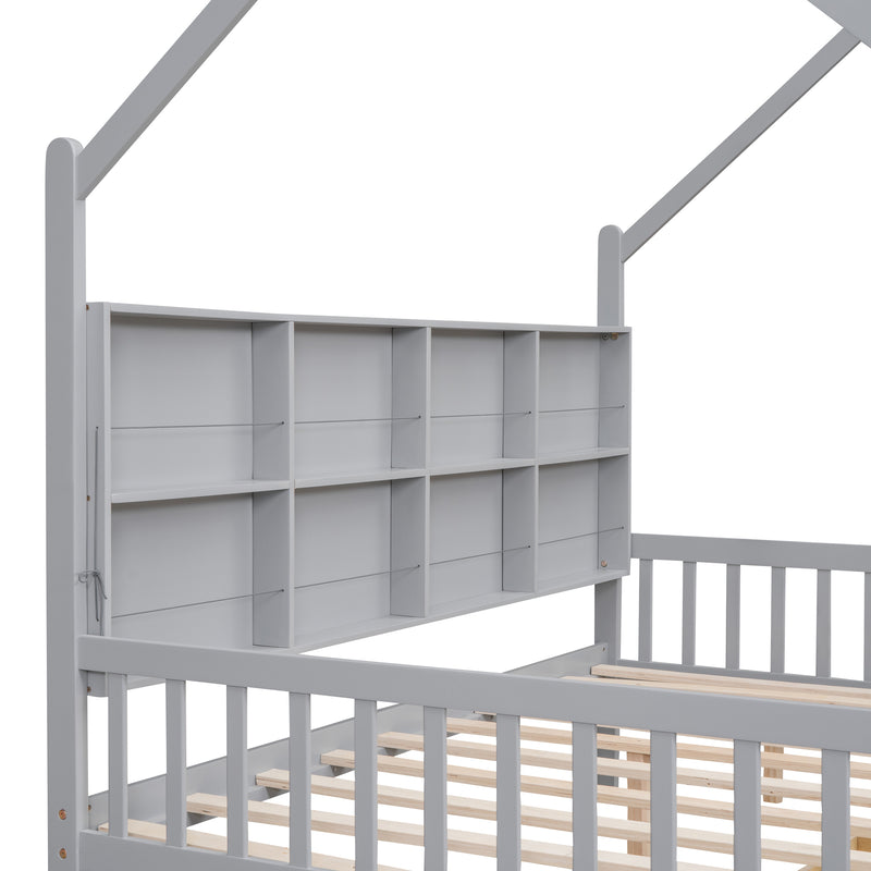 Wooden Full Size House Bed with 2 Drawers,Kids Bed with Storage Shelf, Gray(Expected Arrival Time: 5.15)