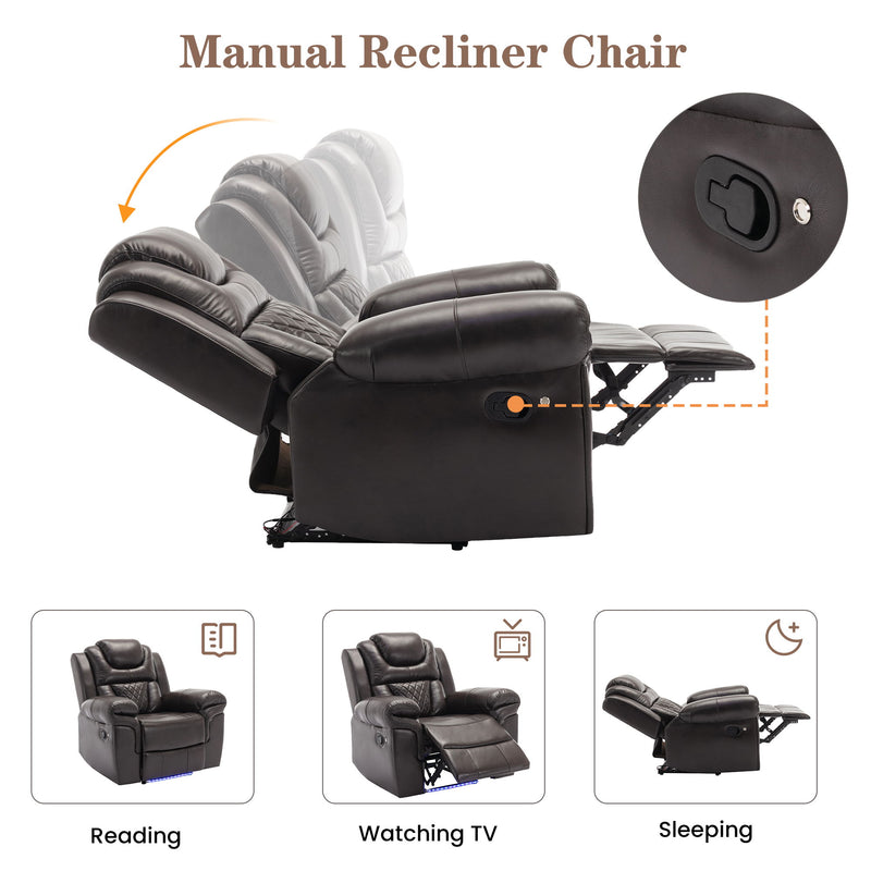 3 Pieces Recliner Sofa Sets Home Theater Seating Manual Recliner Chair With Center Console And Led Light Strip For Living Room