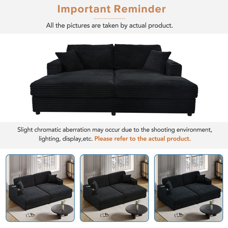Oversized Loveseat Chaise With 2 USB Ports, 2 Cup Holders And 2 Throw Pillows