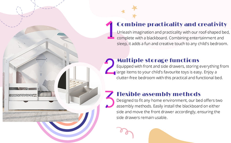 Full House Bed with Blackboard and Drawers, Two assembly options, White