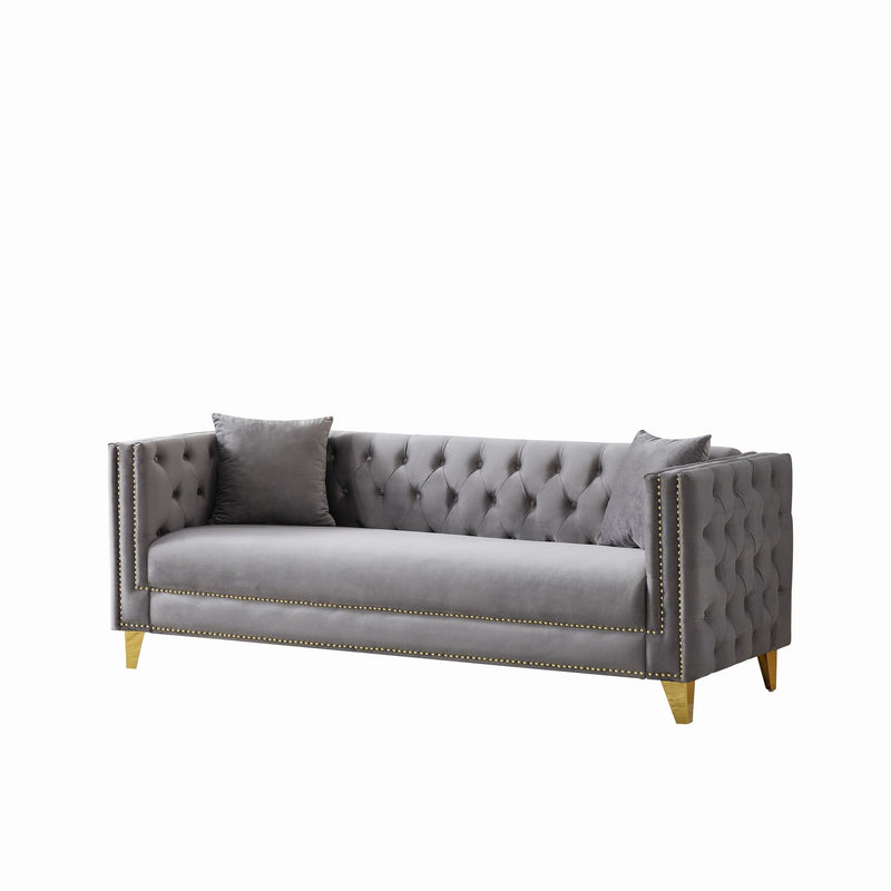 3 And 3 Seater Deep Seat Sofa With Button Nailhead And Square Arm Design - Gray