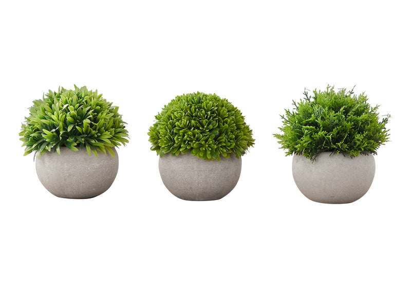 Artificial Plant, 5" Tall, Grass, Indoor, Faux, Fake, Table, Greenery, Potted, Decorative (Set of 3) - Green / Gray