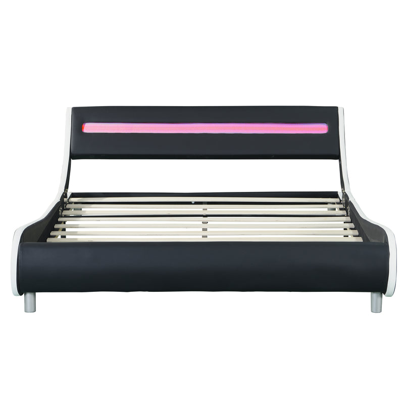Faux Leather Upholstered Platform Bed Frame with led lighting , Curve Design, Wood Slat Support, No Box Spring Needed, Easy Assemble, Queen Size, Black and White