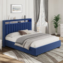 Luxury Gas Lift Storage Bed with RF LED Lights, Storage Headboard ,King Size ,Velvet Blue