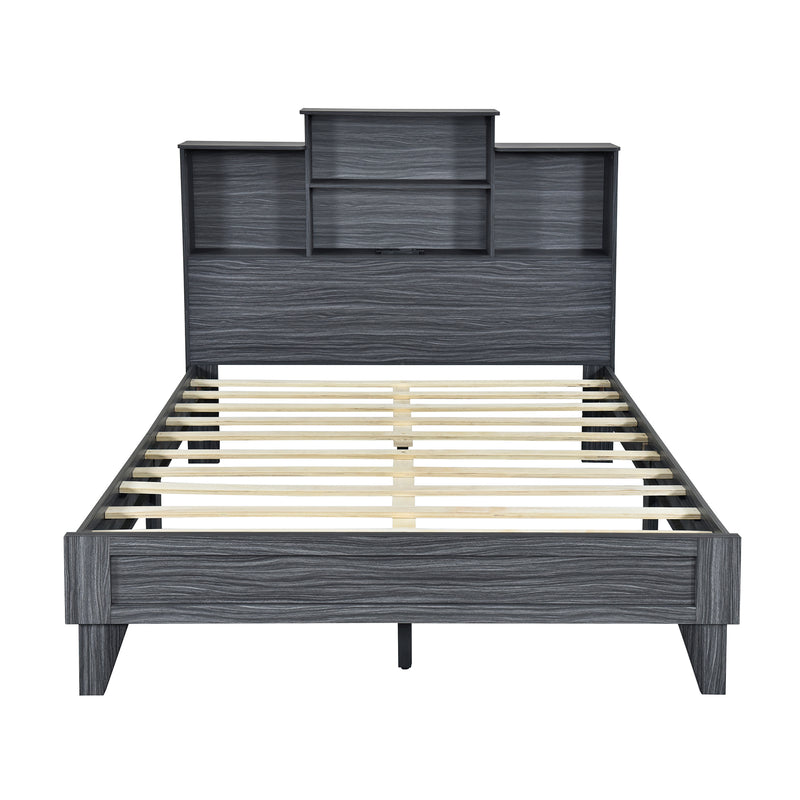 Full Size Storage Platform Bed Frame with 4 Open Storage Shelves and USB Charging Design,Gray