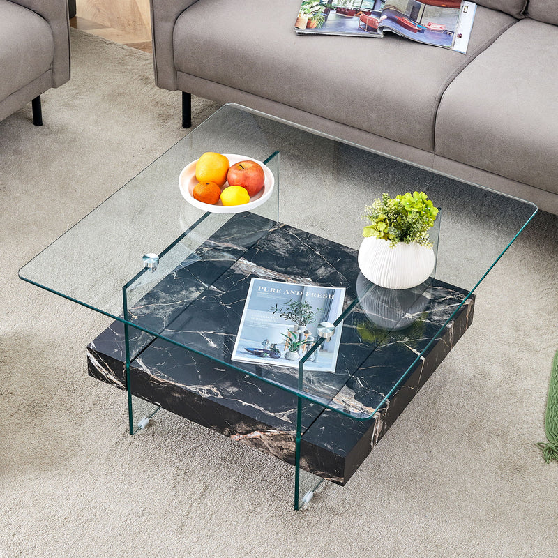 Modern 2 Tier Square Coffee Table, Elegant Marble Pattern