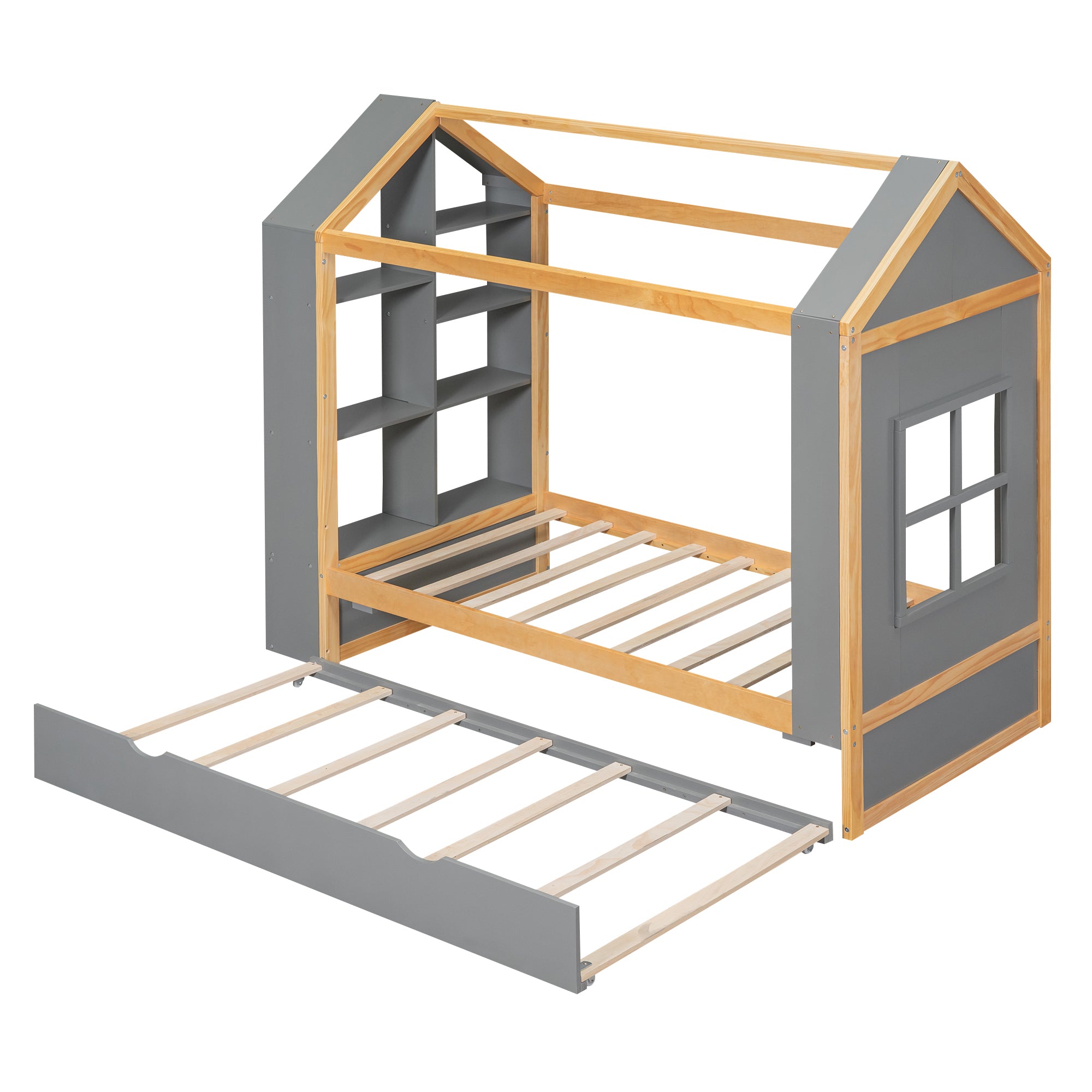 Twin Size House Platform Bed with Storage Shelves and Twin Size Trundle, Grey - Atlantic Fine Furniture Melbourne FL